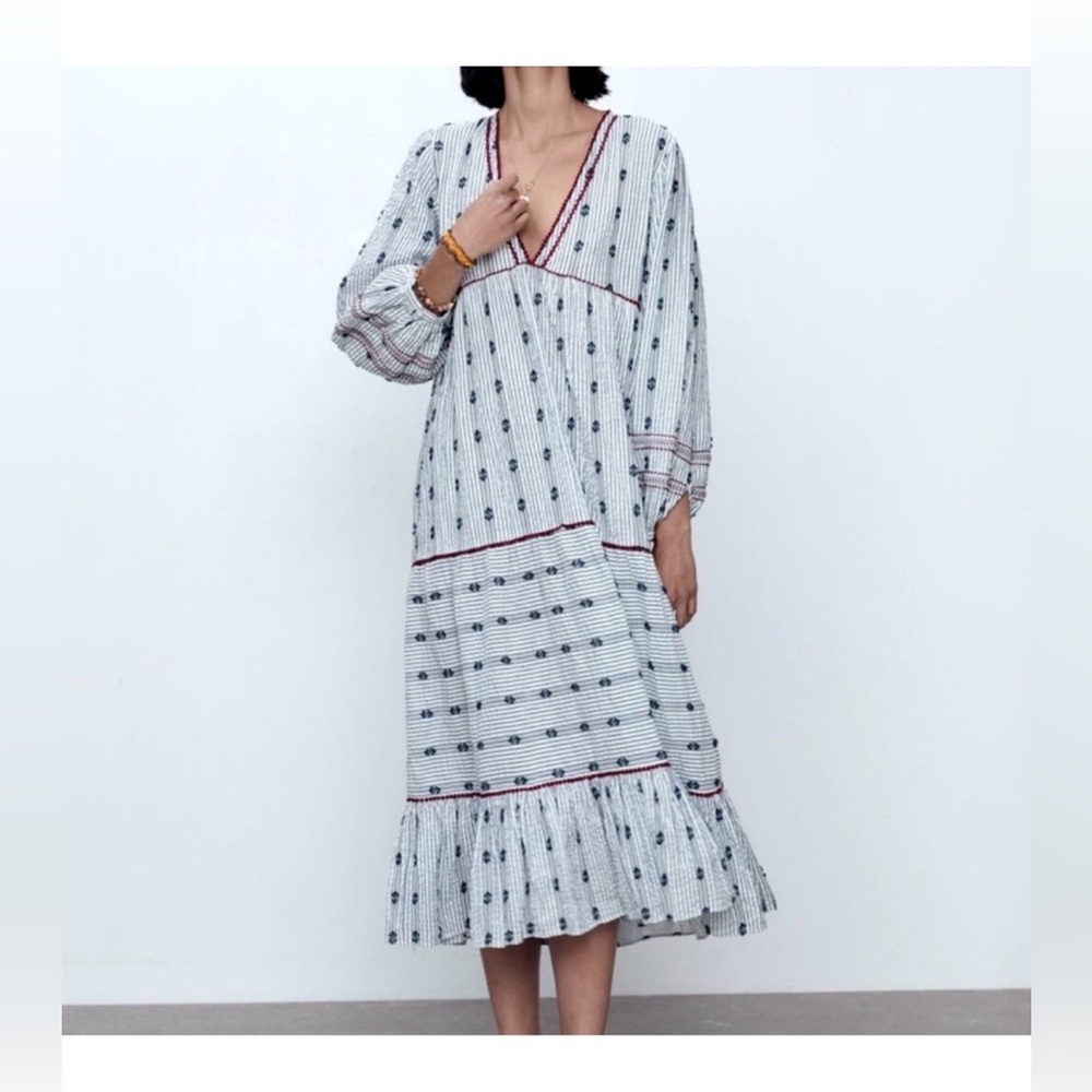 Zara Blue Stripe Ruffle V-neck Maxi